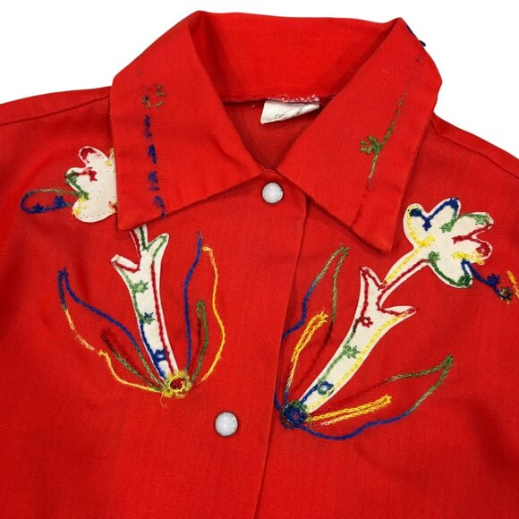 Vintage 1970s Sears Girls Red Western Shirt Skirt Set Floral Embroidery 4T - Picture 3 of 12